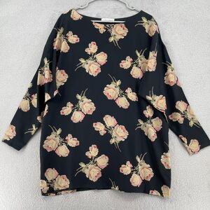Vintage Calvin Klein Silk Top Women 10 Black Dark Floral Roses Long Sleeve Tunic